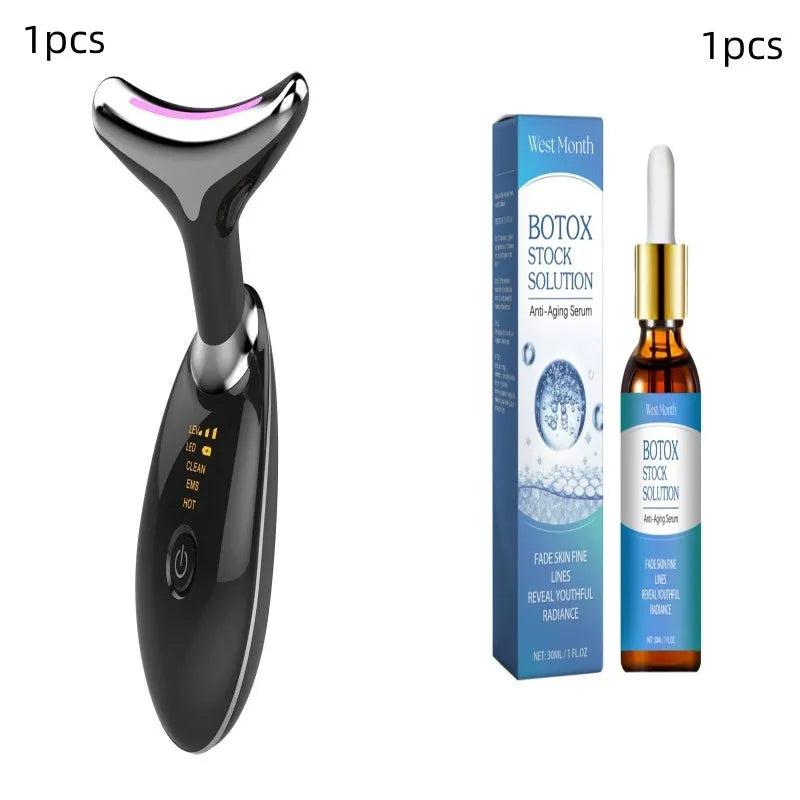White EMS thermal neck massager device with LED lights on a stand next to USB cable and moisturiser.
