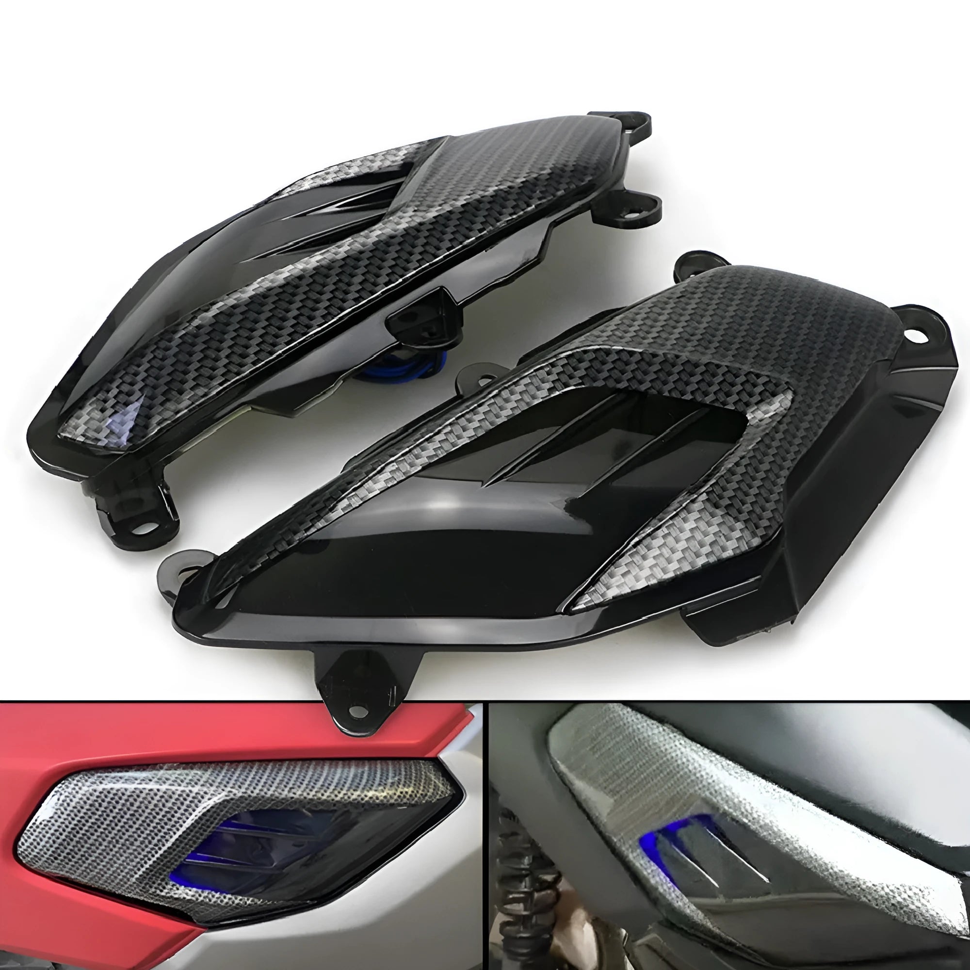 Pair of YAMAHA NMAX scooter side lamps with carbon fibre decoration and blue/red light option.