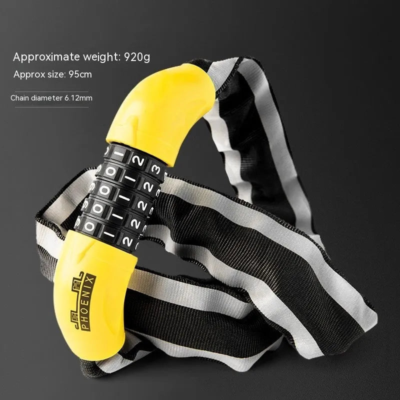 95cm black zinc alloy mountain bike chain lock with combination dial securing a bicycle frame