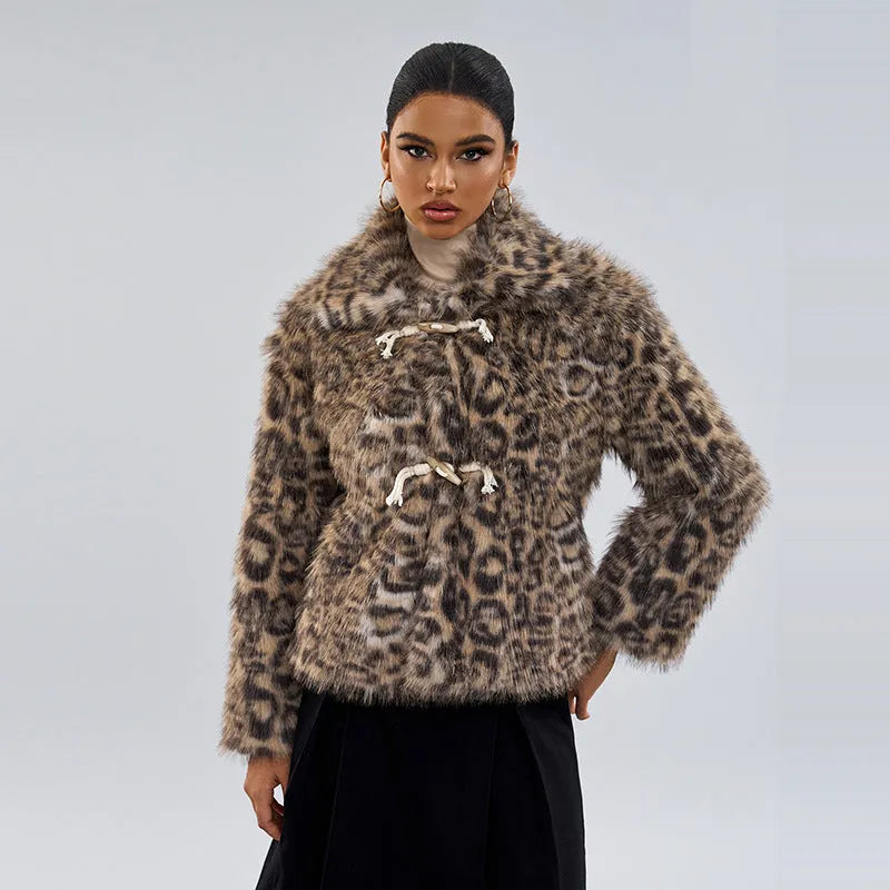 Women's leopard print coat with a buckle lapel and regular sleeves.