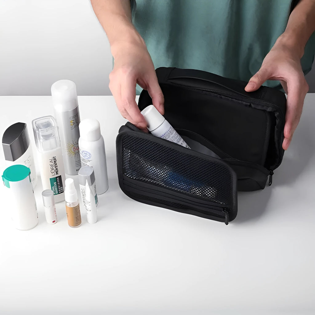 Men's Oxford cloth toiletries storage bag with wet dry separation compartments in black, gray, green or gray colour options