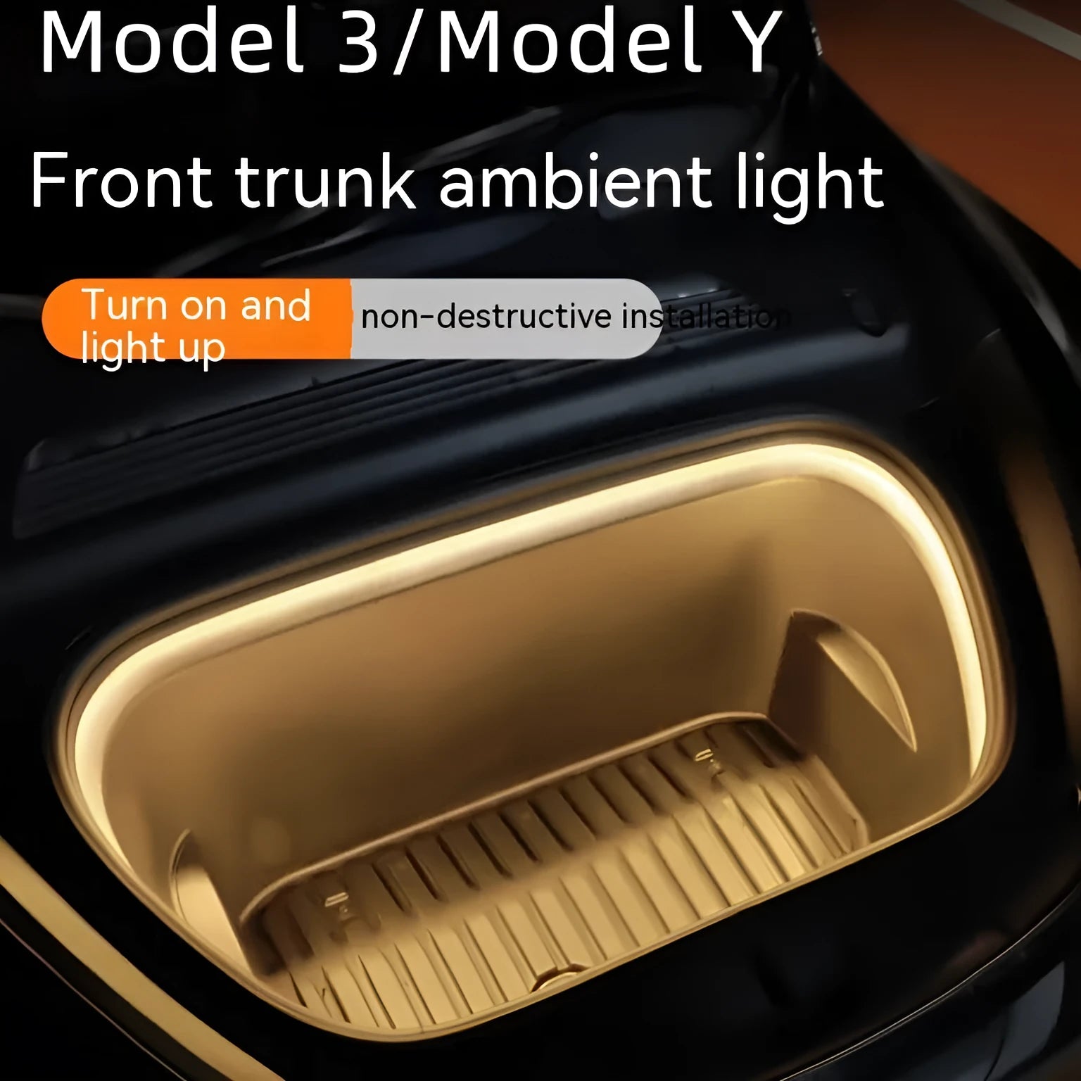 Tesla Model 3 and Y front backup box ambience light kit with soft silicone light bar in three colour options.
