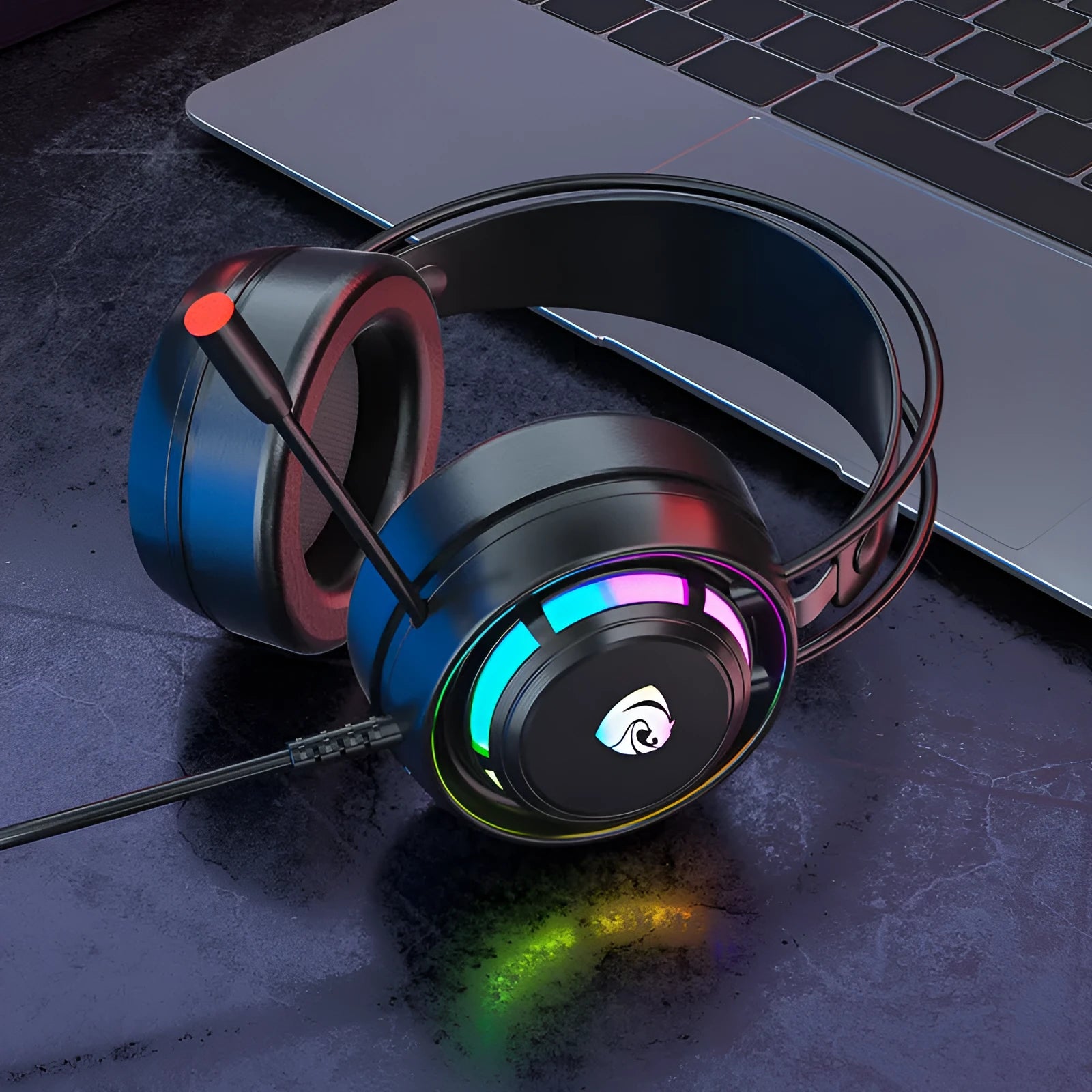 Black wired computer headphones with microphone, 50mm drivers, and 2.2 metre cable with 3.5mm and USB plugs