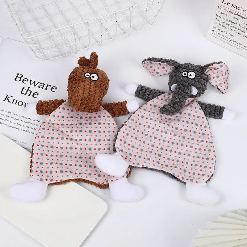 Brown, grey, and orange velvet pet stuffed toys in fox and elephant designs with crinkle sound paper inside.