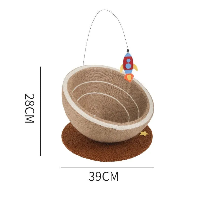 Large cat scratching post integrated with a flannel-lined nest, wrapped in natural sisal rope on a wooden base.