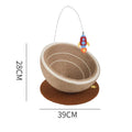 Large cat scratching post integrated with a flannel-lined nest, wrapped in natural sisal rope on a wooden base.