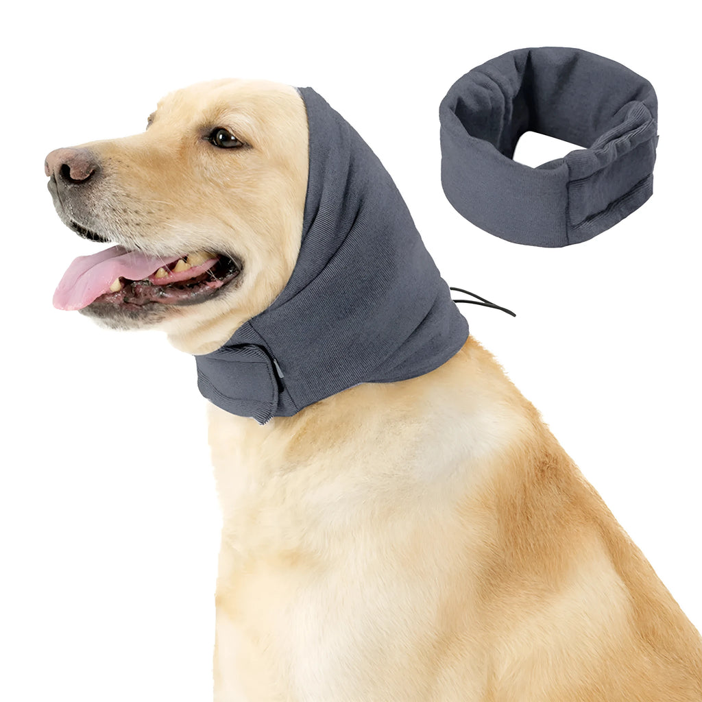 Black dog head cover hoodie with ear wraps for noise reduction and anxiety relief