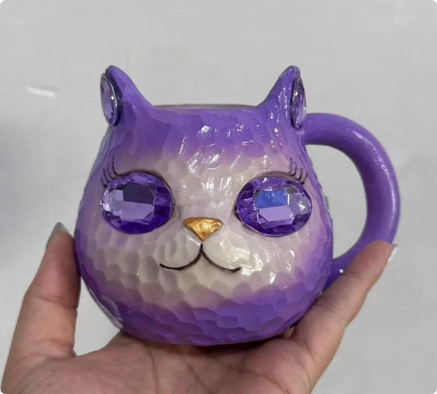 American style Crystal Earth resin cat cup ornament in purple, green, blue, or pink colour