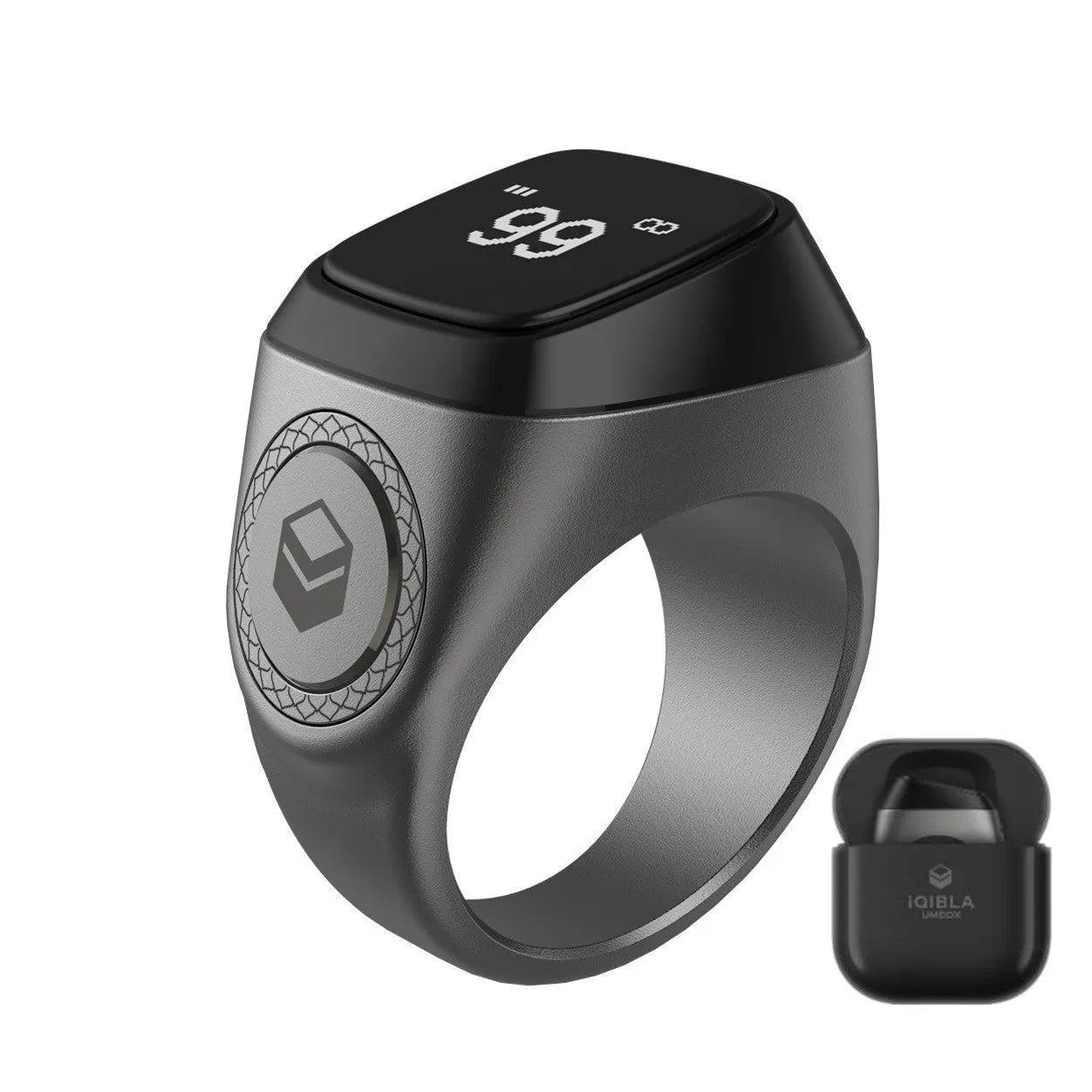 Zikr1 smart ring with OLED display showing Tasbih count, available in multiple colours and sizes