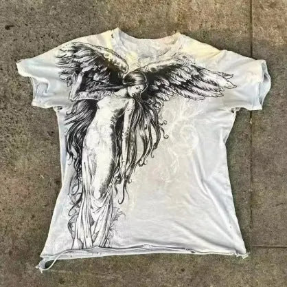 Men's grey short sleeve top featuring a black and white gothic cartoon print design.