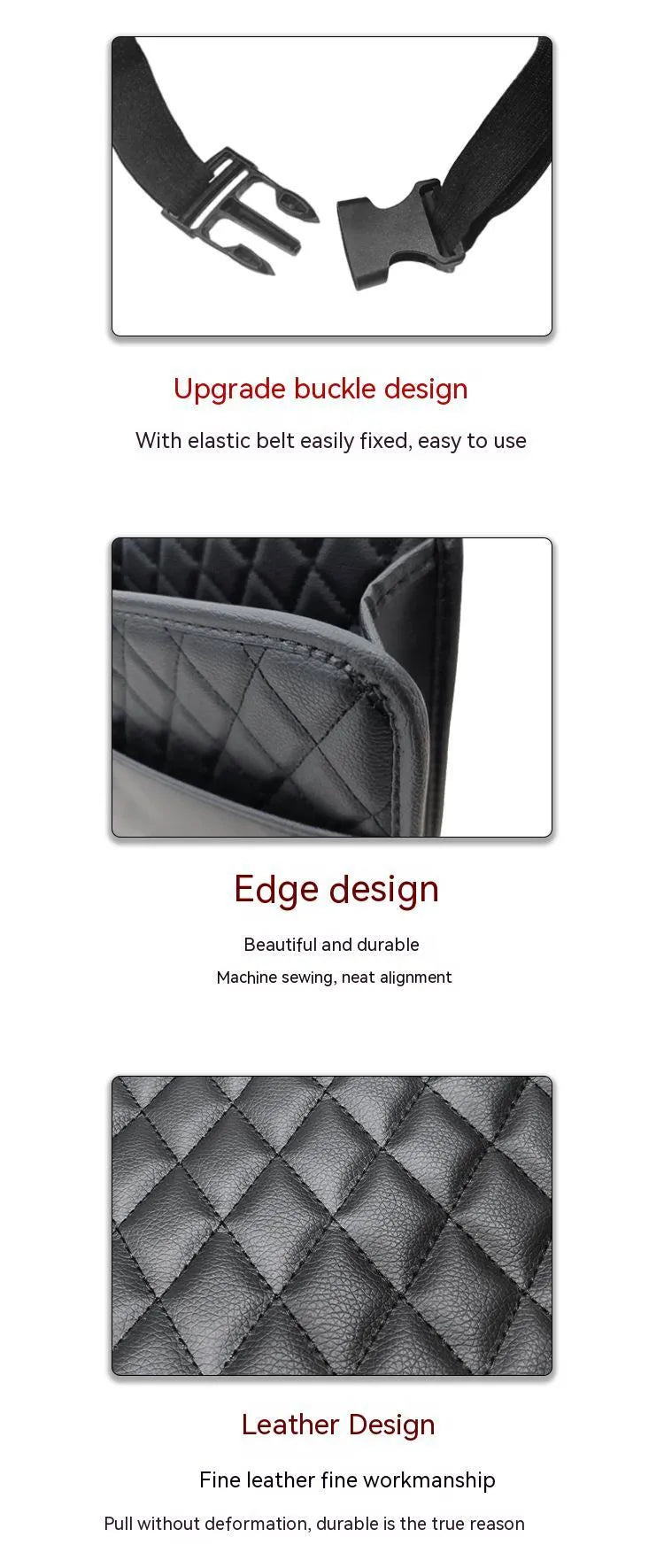 Black leather hanging chair-shaped storage bag for car interior use.