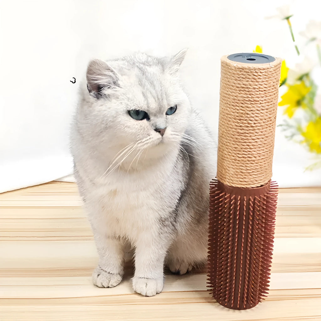 Brown sisal cat scratching post on wood base measuring 30cm tall
