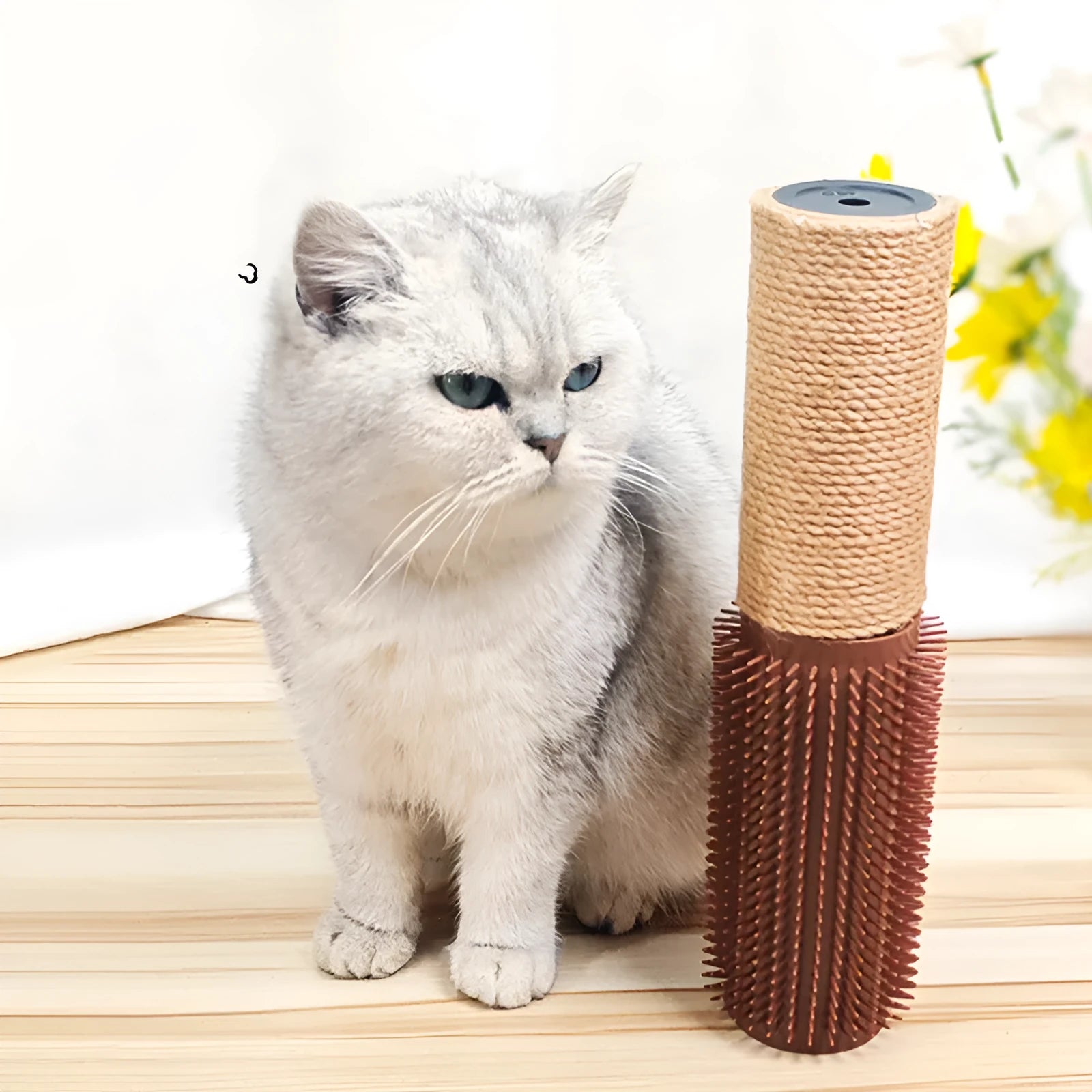 Brown sisal cat scratching post on wood base measuring 30cm tall