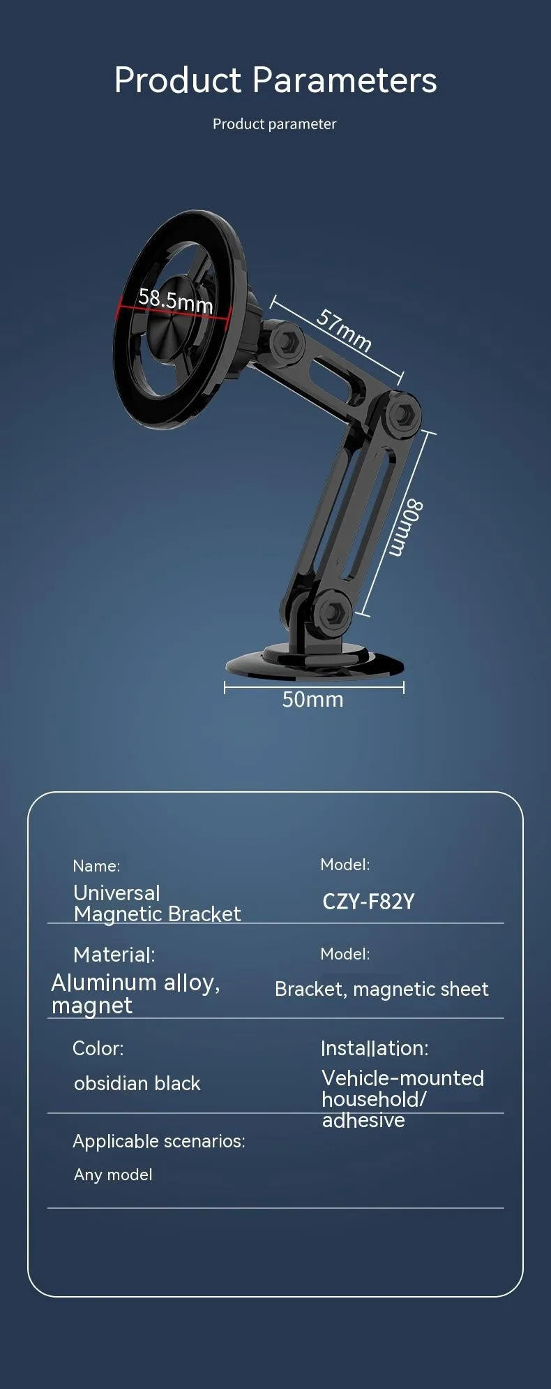 All-metal magnetic car phone holder in black, clipped onto a car air vent, with magnetic rings and adhesive pads.