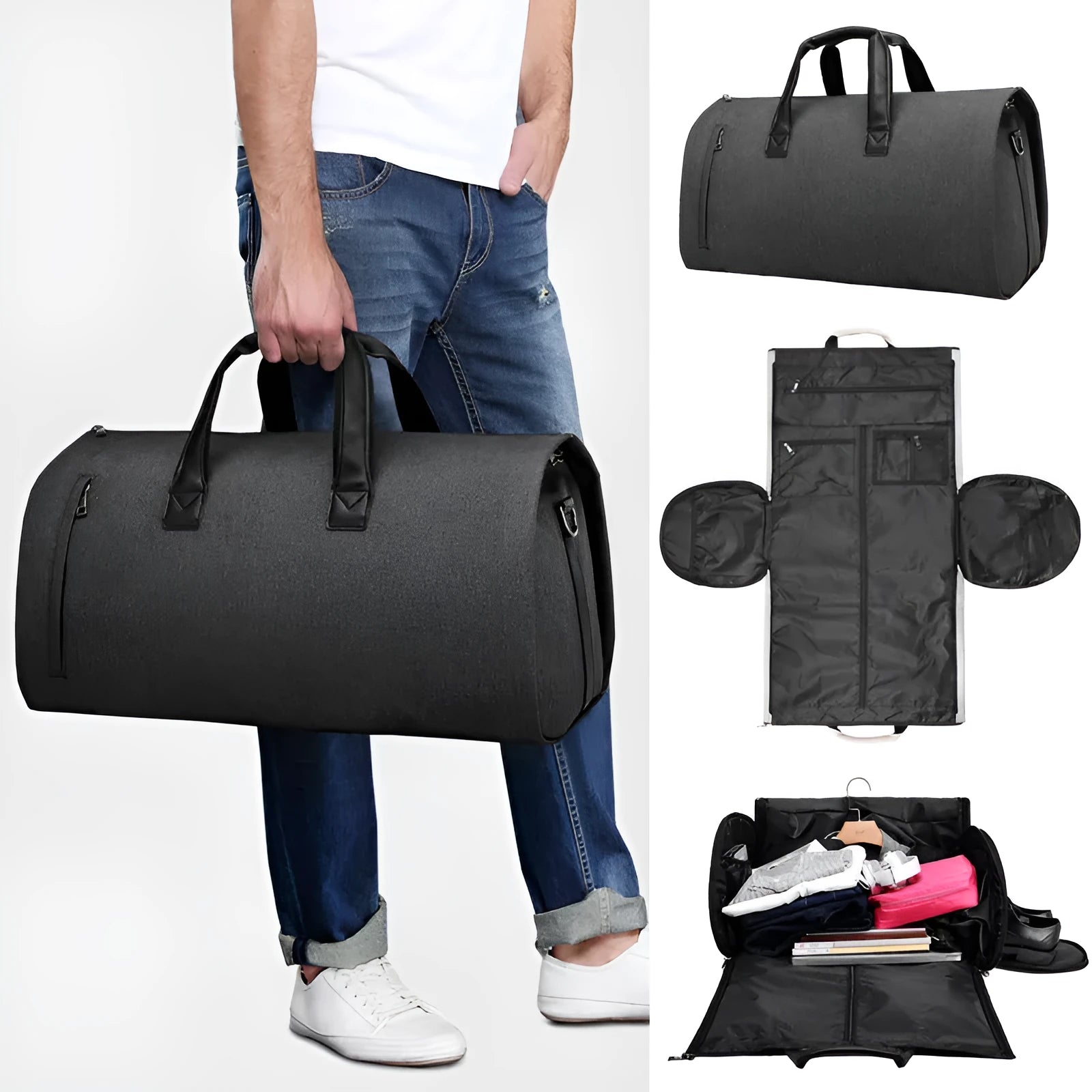 Medium oval travel bag in Oxford cloth with multiple internal compartments and a single strap