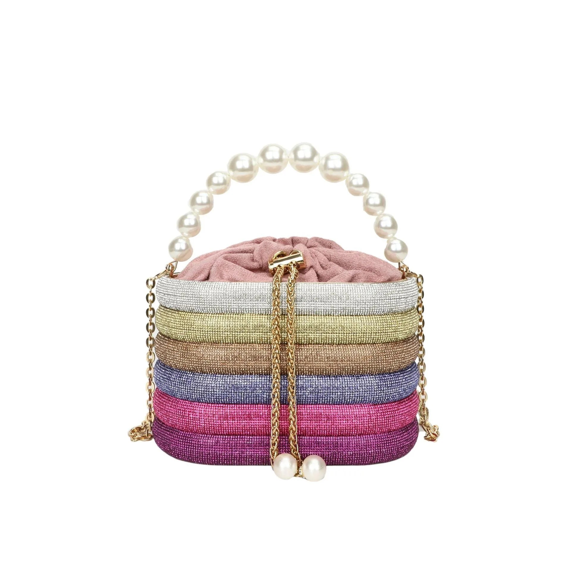 Women's retro style crossbody bag with pearl beading in soft PU, round shape with single strap.
