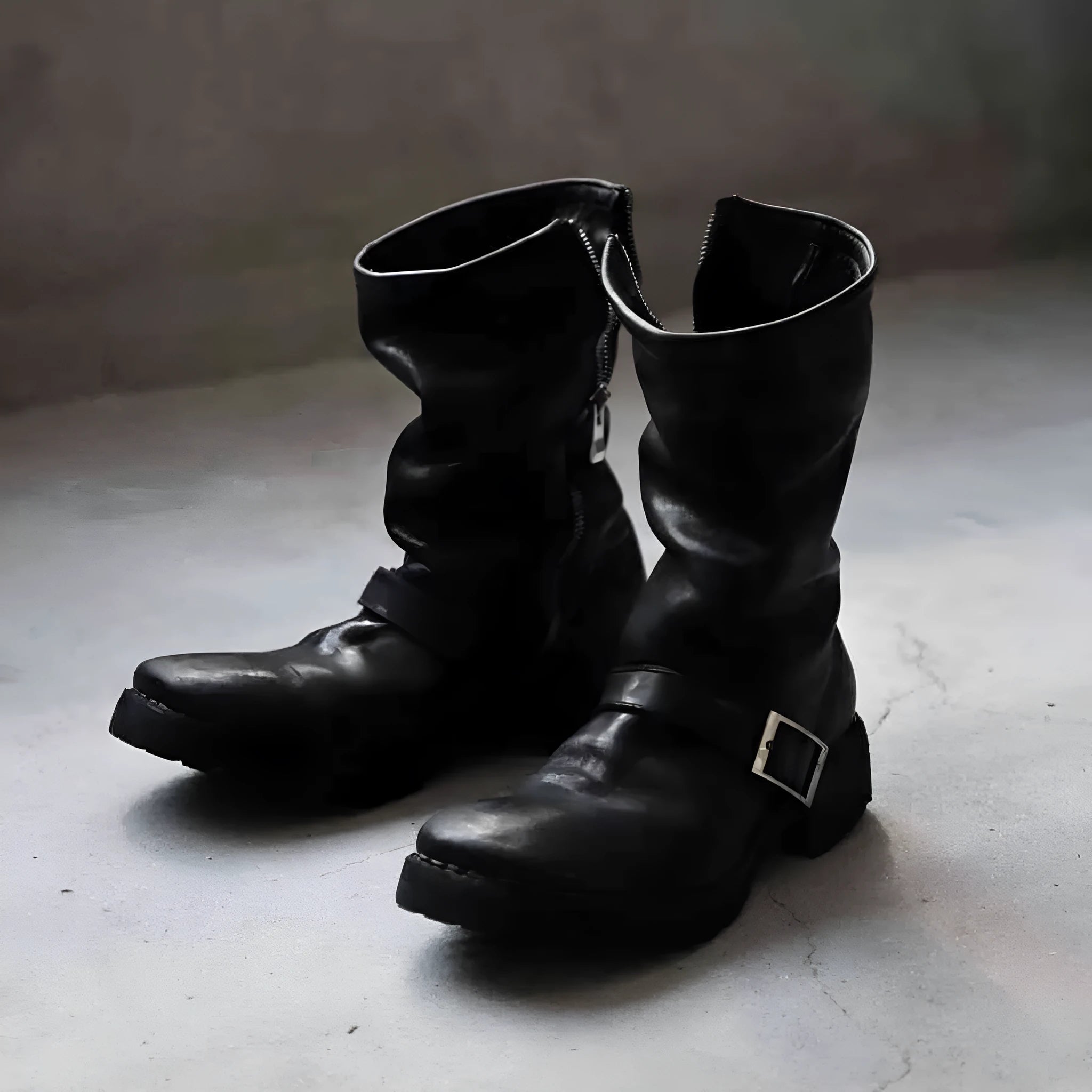 Men's dark retro Martin boots with side zipper and round toe in black and leather black.