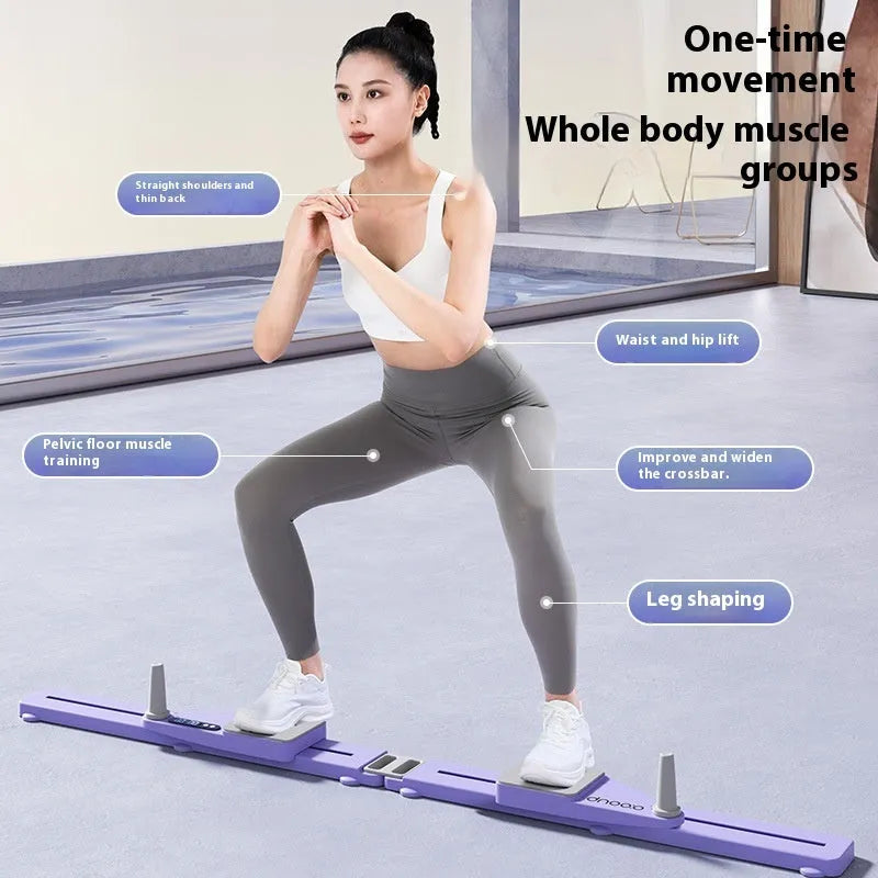Split multifunctional skiing machine trainer in pink or purple colour, showing its 85cm length and PP construction.