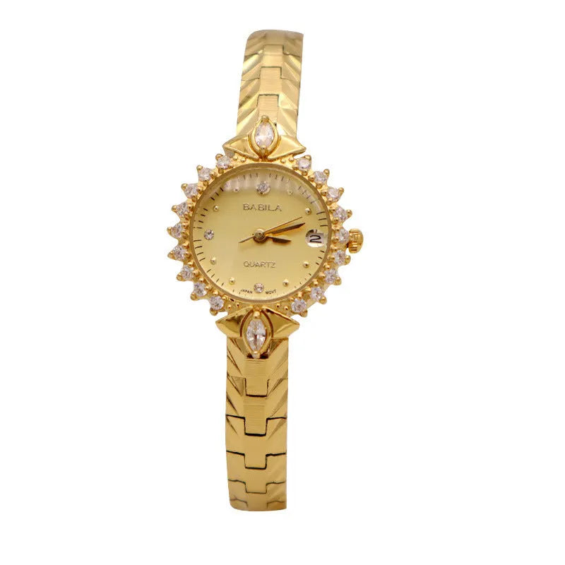 Women's vintage quartz watch with gold face and diamond embossed bracelet, slim 6mm design on a neutral background