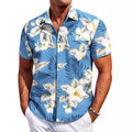 Man wearing a slim fit short sleeve Hawaiian shirt in a cardigan style with a bold pattern.