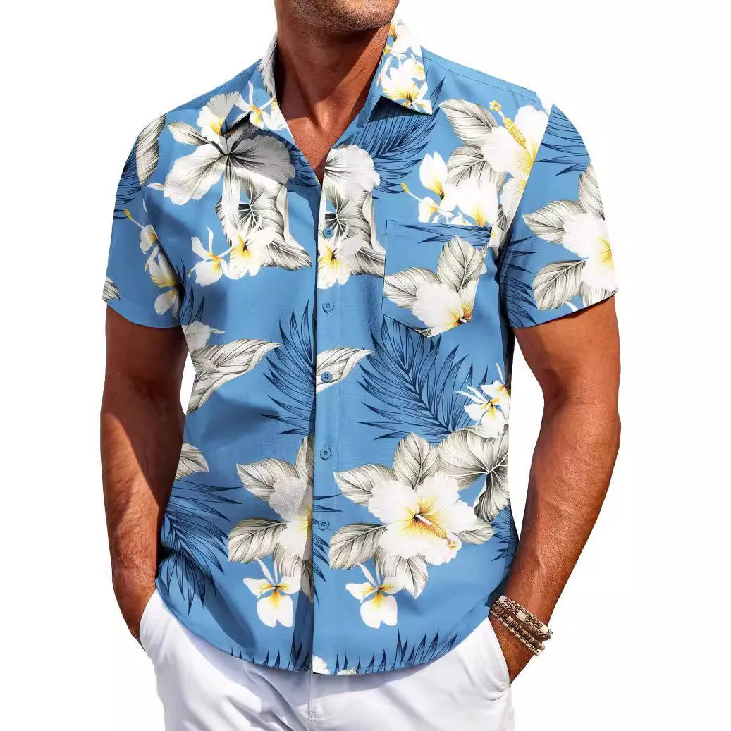 Man wearing a slim fit short sleeve Hawaiian shirt in a cardigan style with a bold pattern.