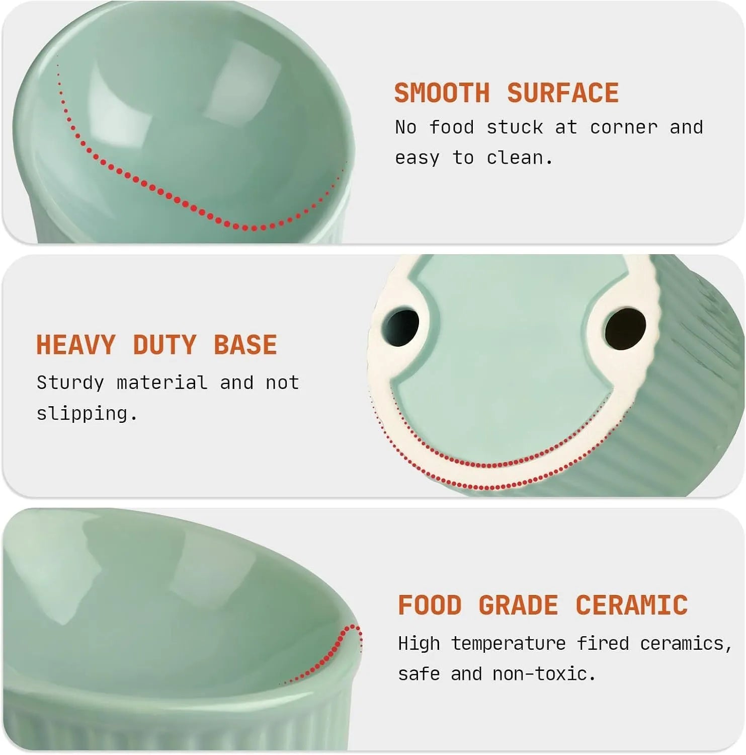 Ceramic elevated cat bowl in green colour showing tilted design for whisker comfort