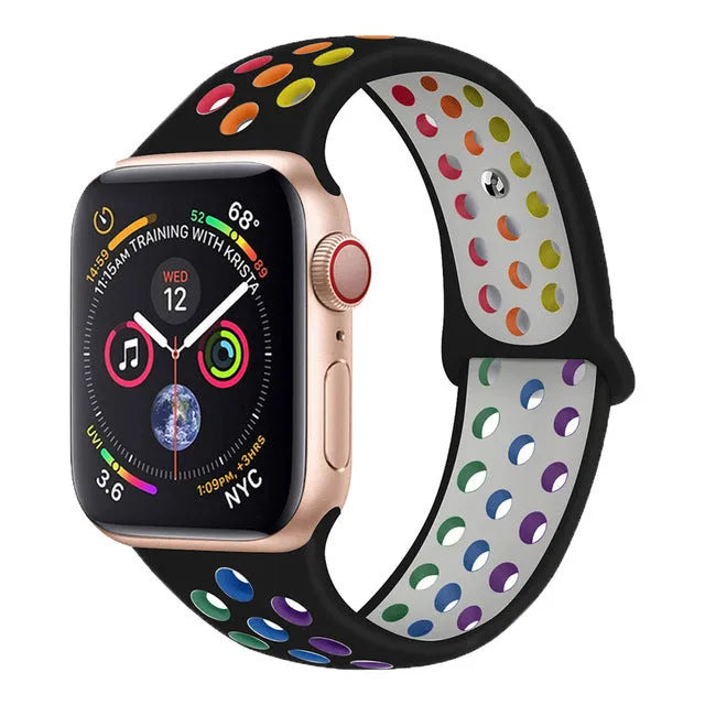 Silicone sports wristband with adjustable buckle strap in black, rainbow or white colour options