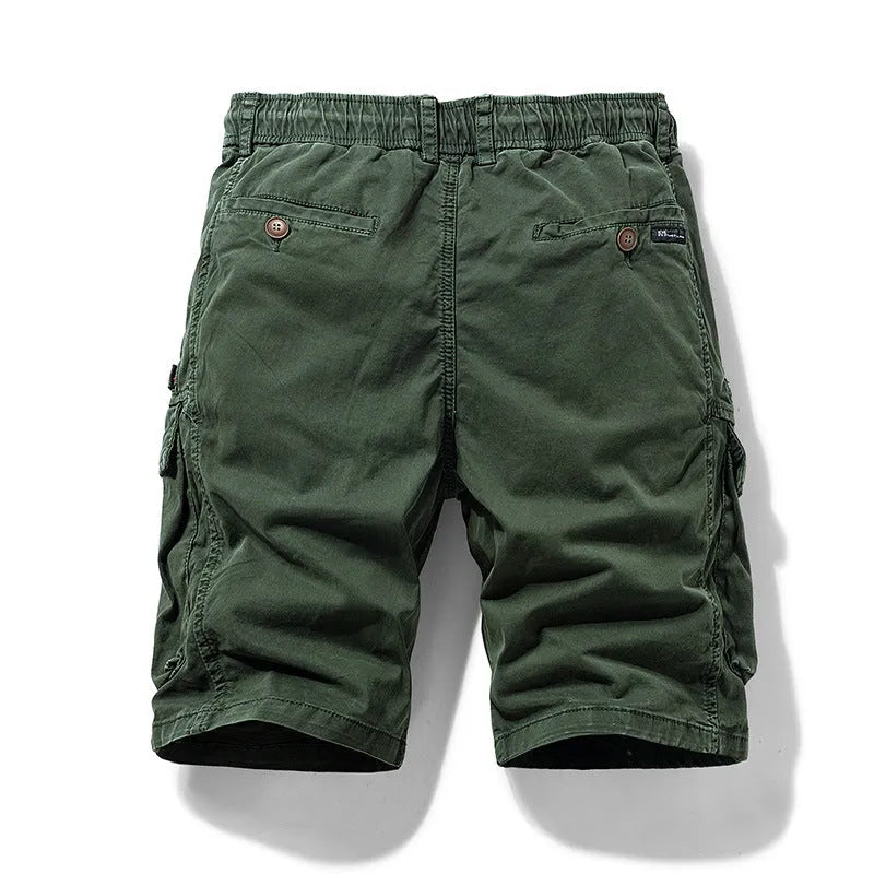 Men's army green cotton summer shorts with zipper and multiple pockets in Korean fifth pants style.
