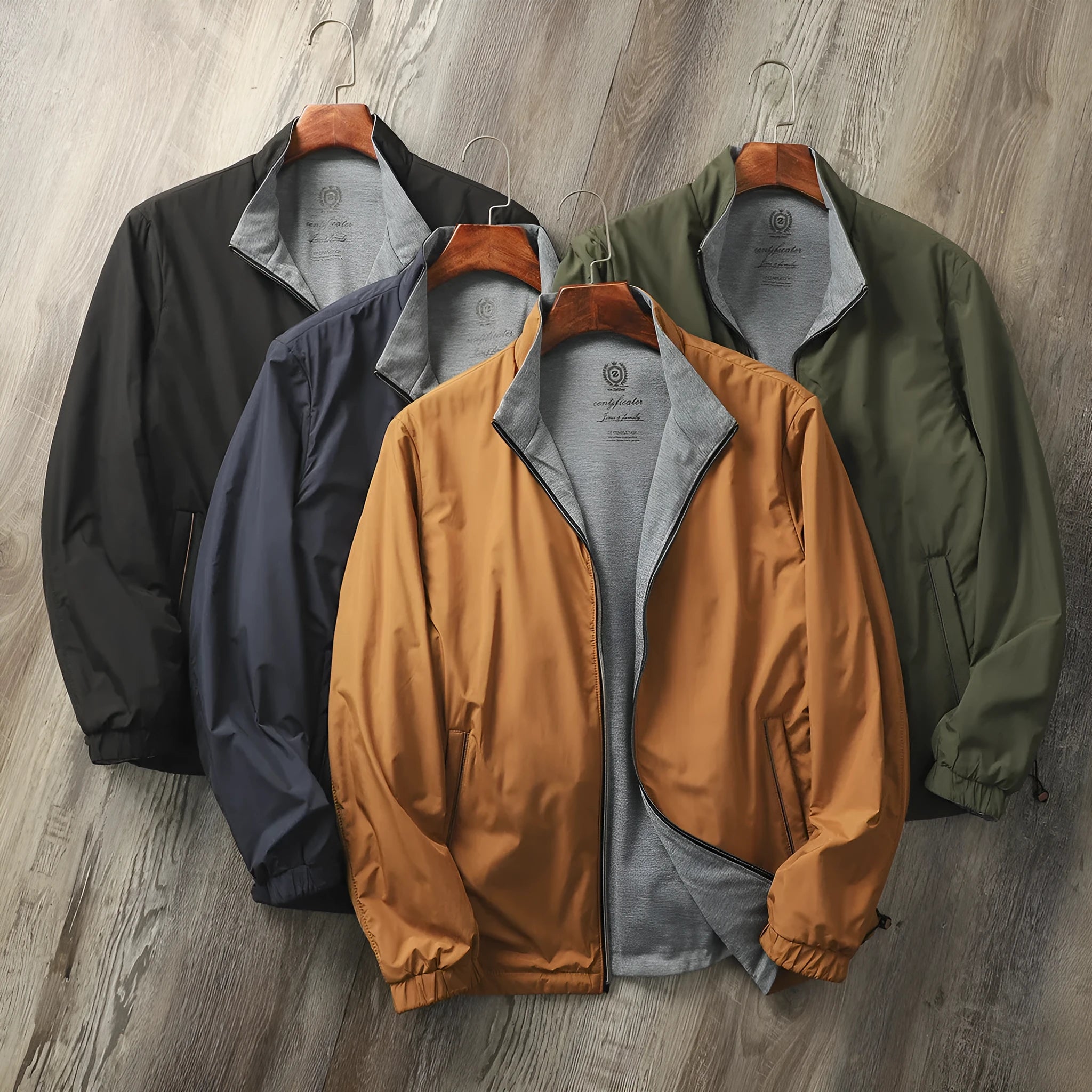 Men's stand collar casual jacket in Army Green, shown on a model.