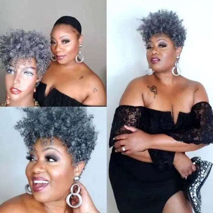 Woman wearing a short synthetic wig with rolled curls in Kanekalon fibre, shown in brown colour.