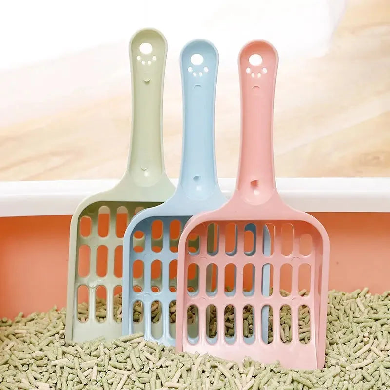 Plastic cat litter scoop in blue, green or pink measuring 20cm long for pet toilet cleaning
