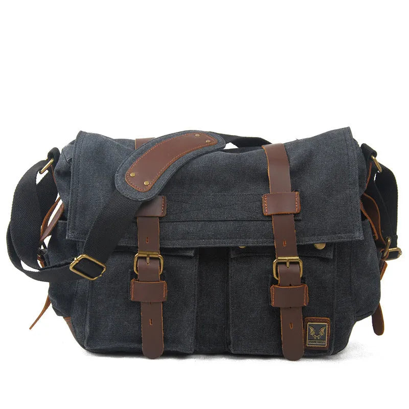 Men's canvas crossbody shoulder bag with postman flap closure in retro European style