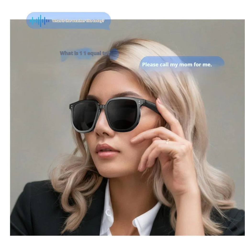 Black AI smart glasses with Bluetooth audio and touch controls featuring sunglass lenses