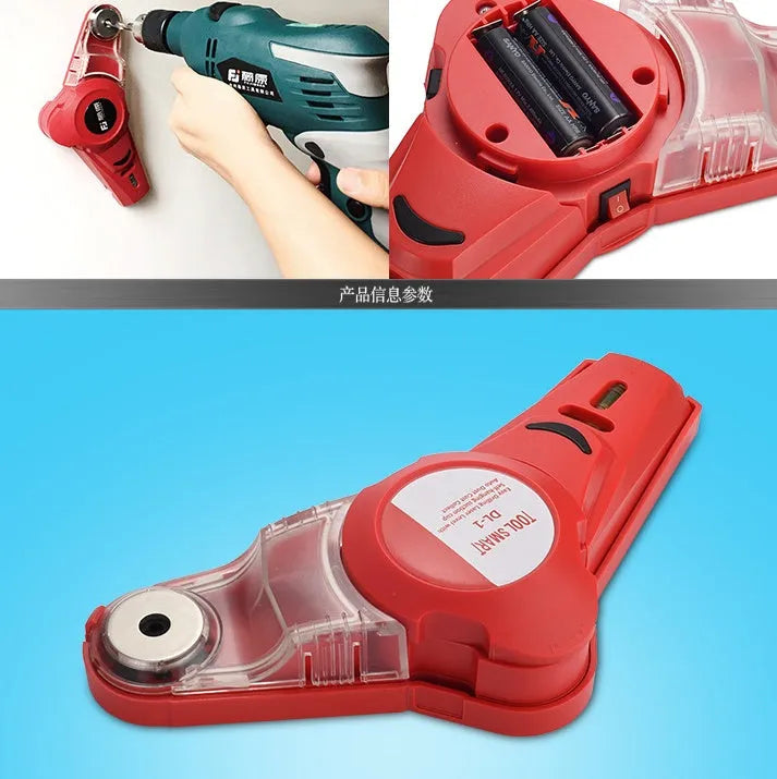 Red portable laser level tool for woodworking line projection and punching positioning on a workbench.