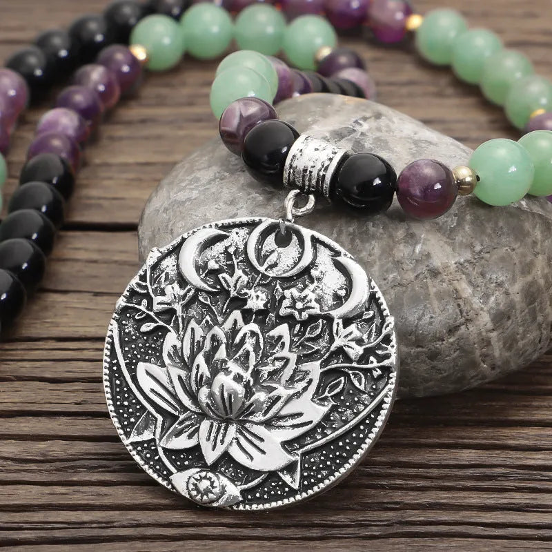 Yoga lotus pendant necklace and bracelet set with handmade stone beads and geometric alloy pendant