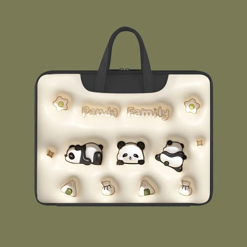 Inflatable PU leather laptop bag in a cartoon panda design with shoulder strap, shown hanging from a suitcase.