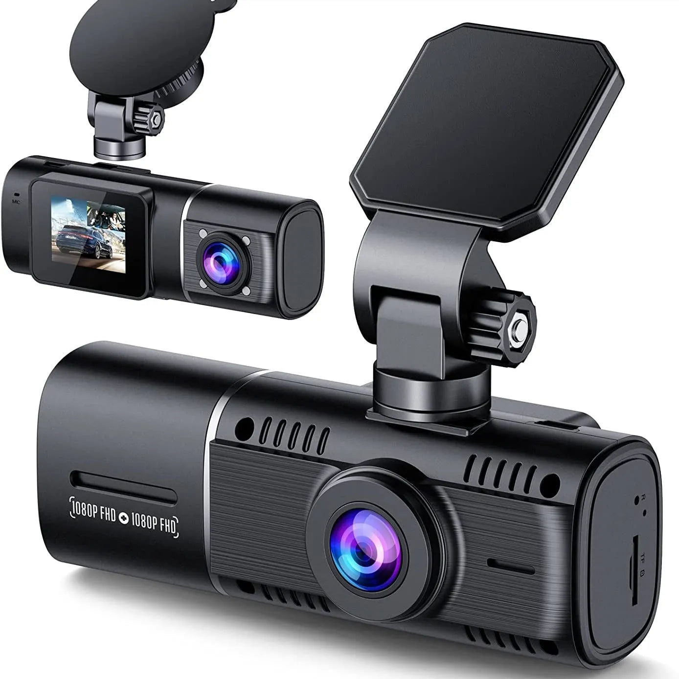 Black dashboard camera mounted on car windscreen showing dual recording capability