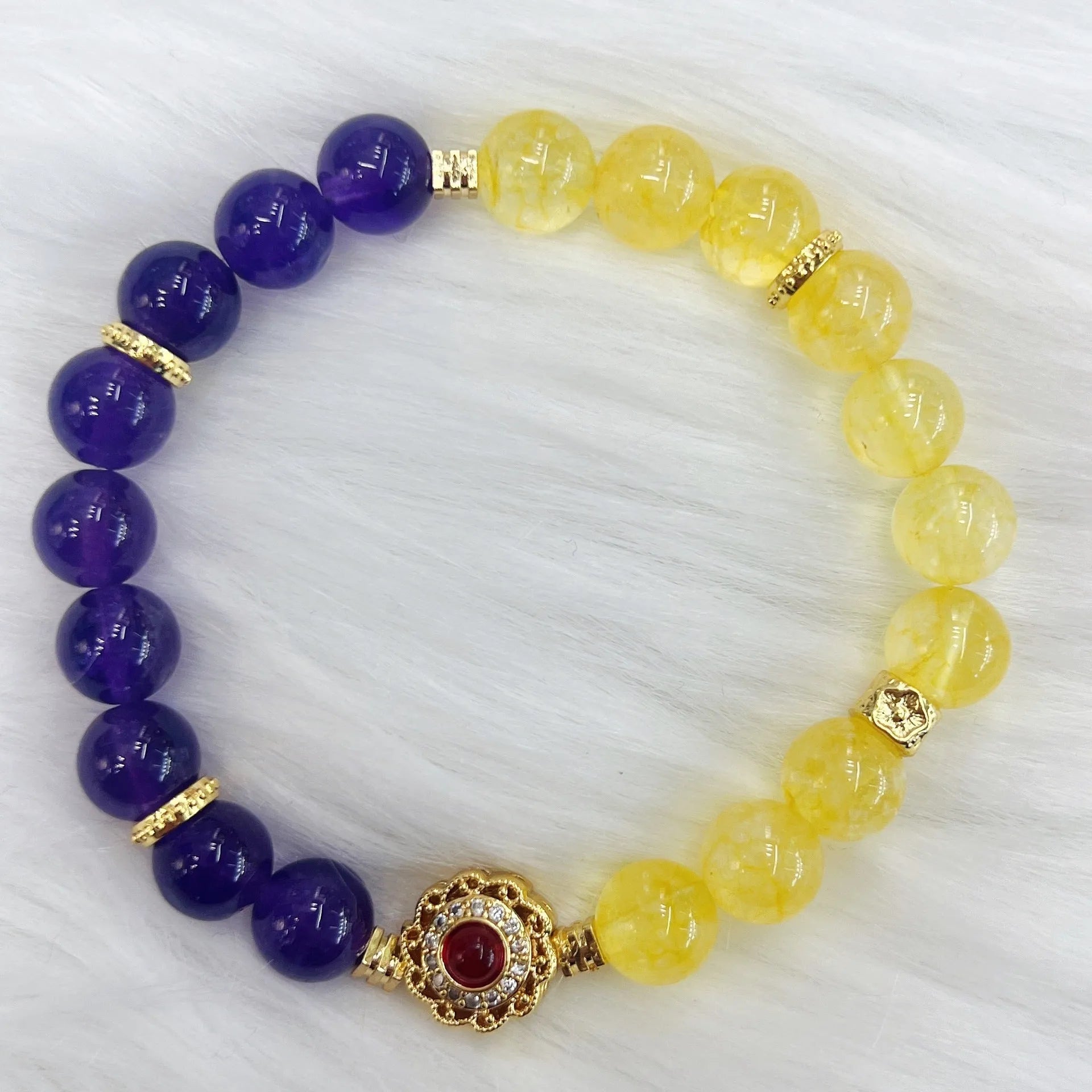 Handmade yellow and purple crystal bracelet with amethyst accents for women, adjustable 18-20cm length