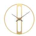 Round metal wall clock with 50cm diameter in black or gold colour on a white wall.