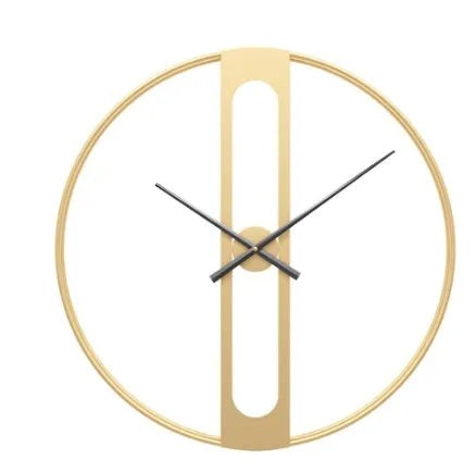 Round metal wall clock with 50cm diameter in black or gold colour on a white wall.