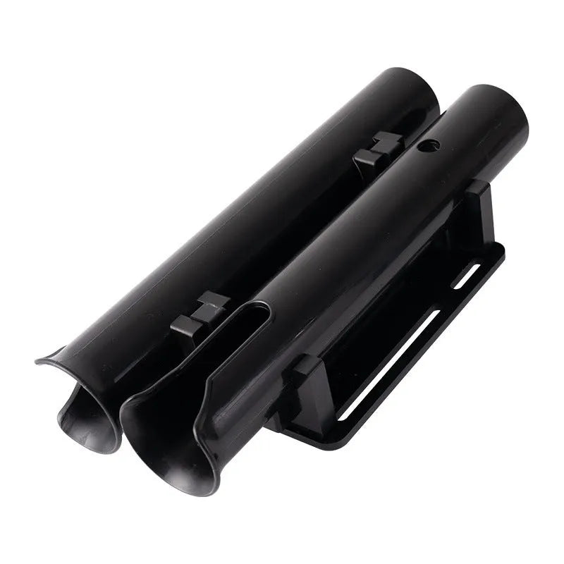 Carbon fibre fishing rod rack with double-layer plastic cradle mounted on bicycle handlebars