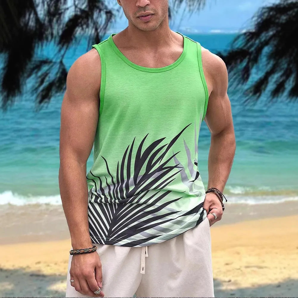 Man wearing a solid-colour 3D printed sleeveless vest in a Hawaiian style.