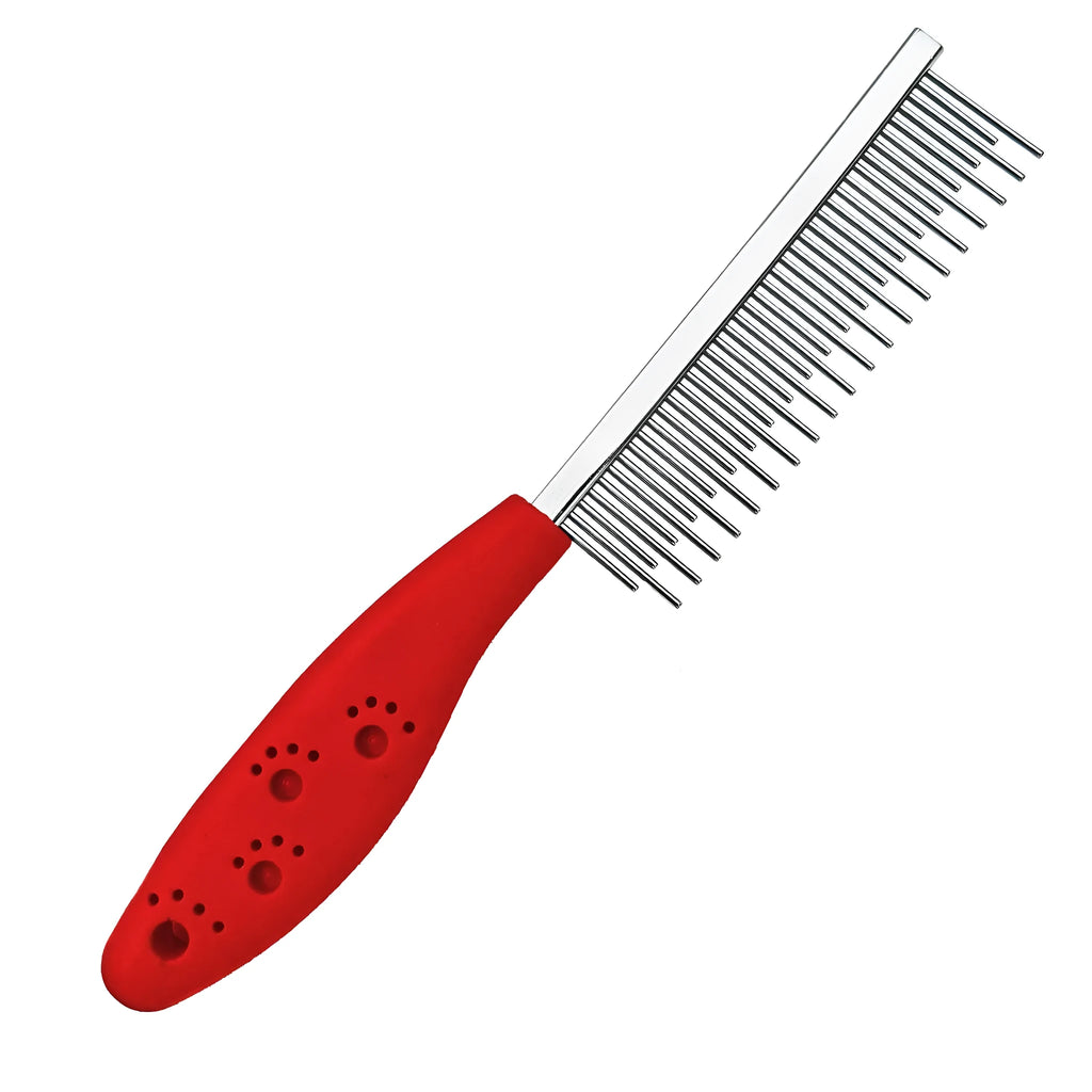 Red plastic handle pet comb with alternating rows of short and long stainless steel teeth for dematting tangles.