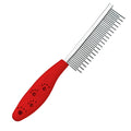 Red plastic handle pet comb with alternating rows of short and long stainless steel teeth for dematting tangles.