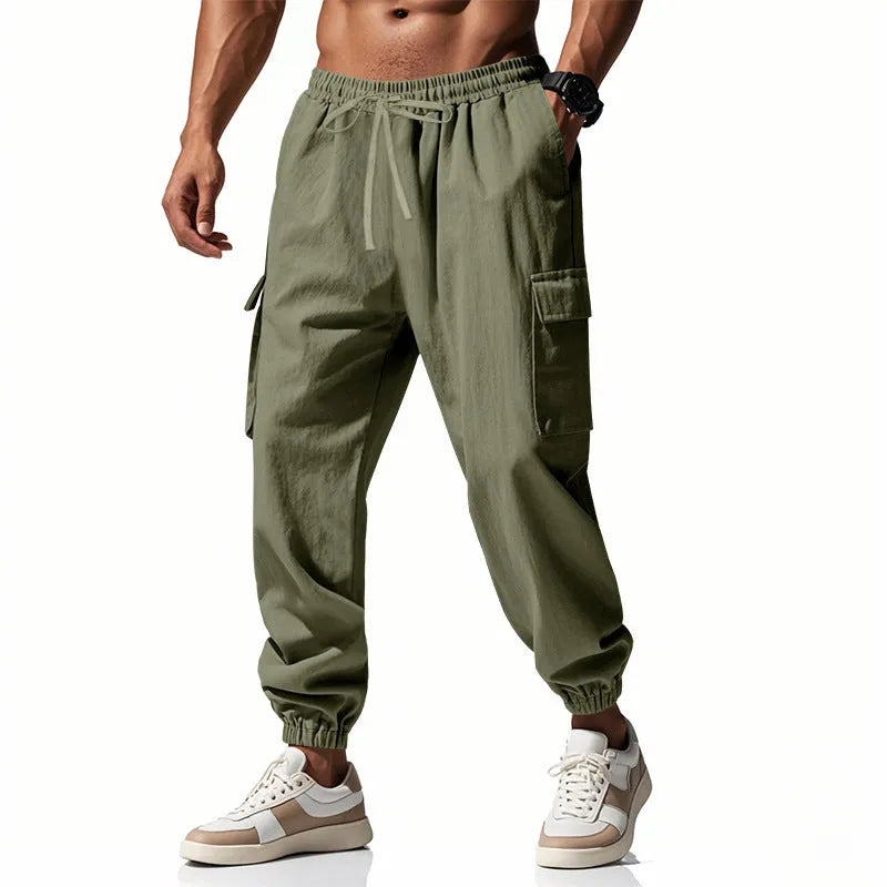 Men's linen casual trousers with ankle ties and drawstring waist in army green colour