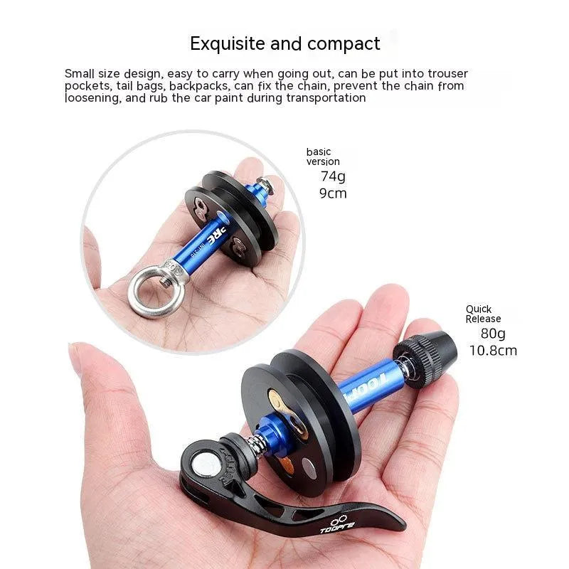Aluminium alloy bicycle chain holder tool shown in barrel shaft, basic, and quick release versions.