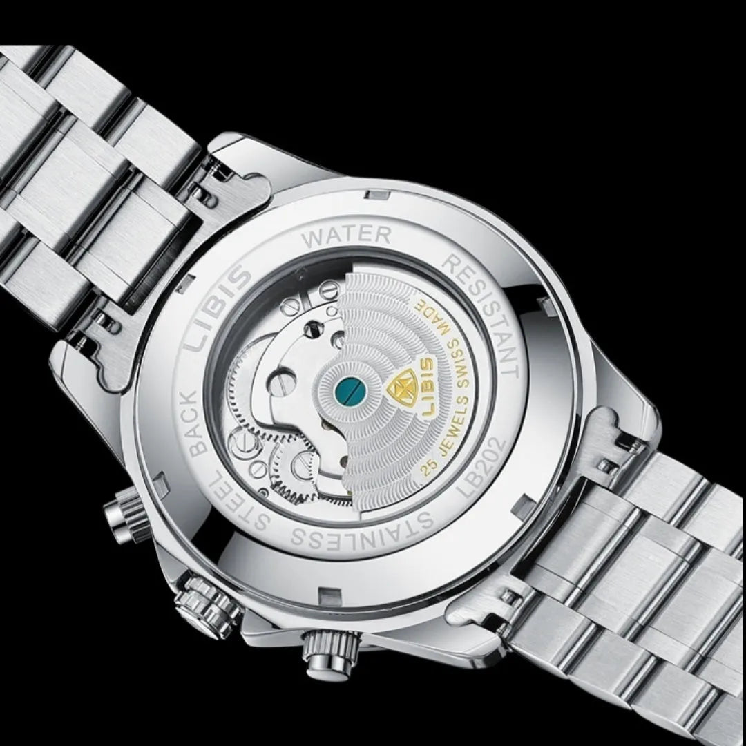 Men's silver stainless steel automatic perpetual calendar mechanical watch with business style design