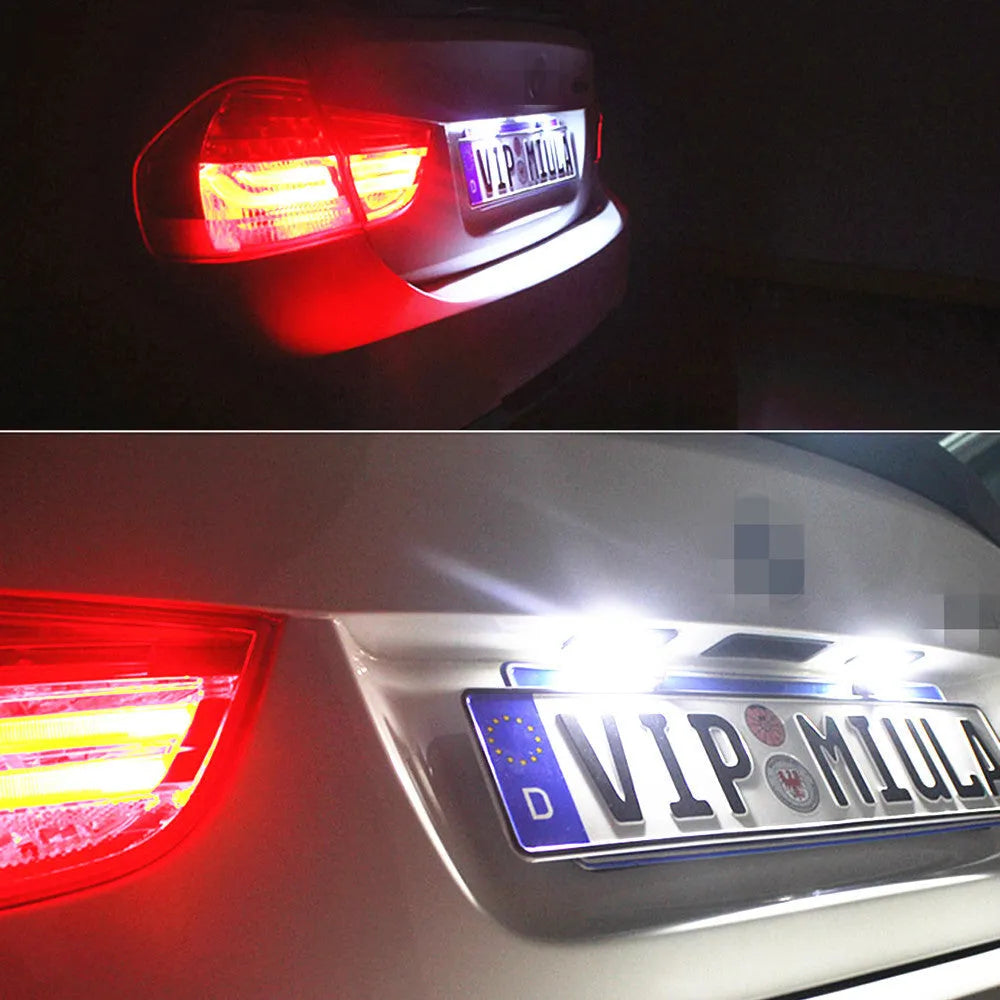 Volkswagen LED license plate light unit showing 24 SMD 3528 chips for Golf, Polo models.