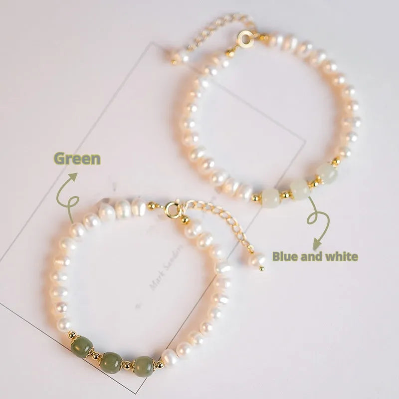 Natural freshwater pearl bracelet with diamond-shaped pearls in a Korean style, shown in deep Hetian jade colour.