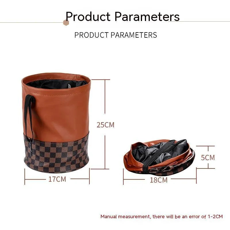 Retractable leather car interior rubbish bin shown in collapsed and expanded states